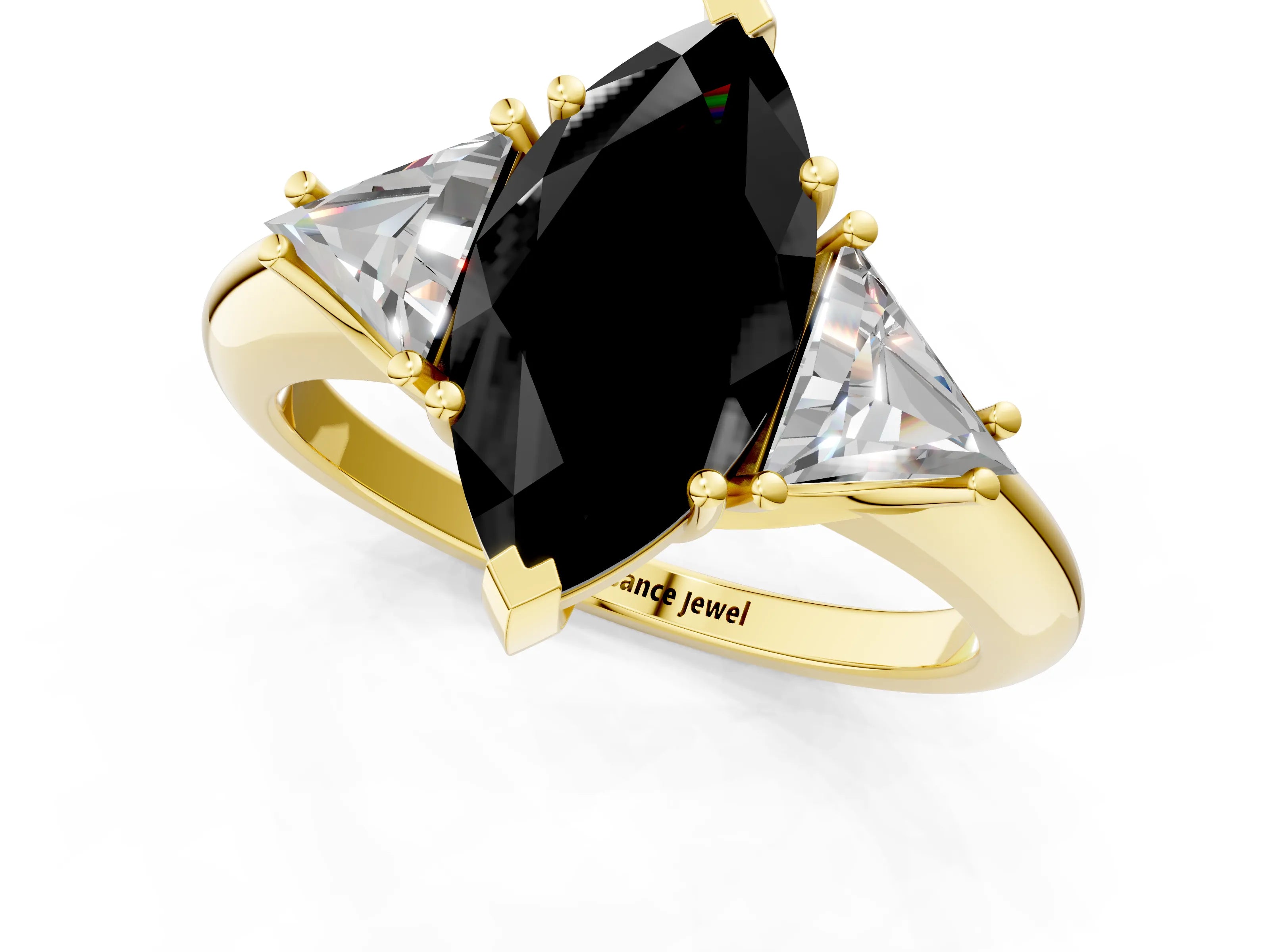 Yellow gold Three-Stone Fancy Black Marquise Cut Cut Diamond Ring with Trillion Side Stones and Four-Prong Setting_4