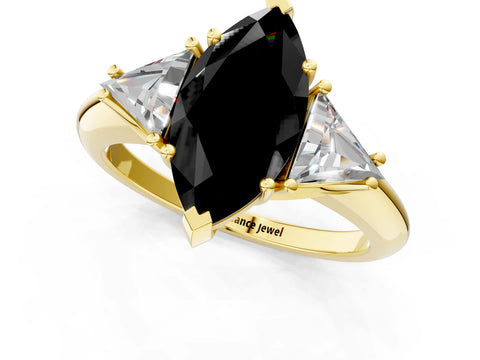 Yellow gold Three-Stone Fancy Black Marquise Cut Cut Diamond Ring with Trillion Side Stones and Four-Prong Setting_4