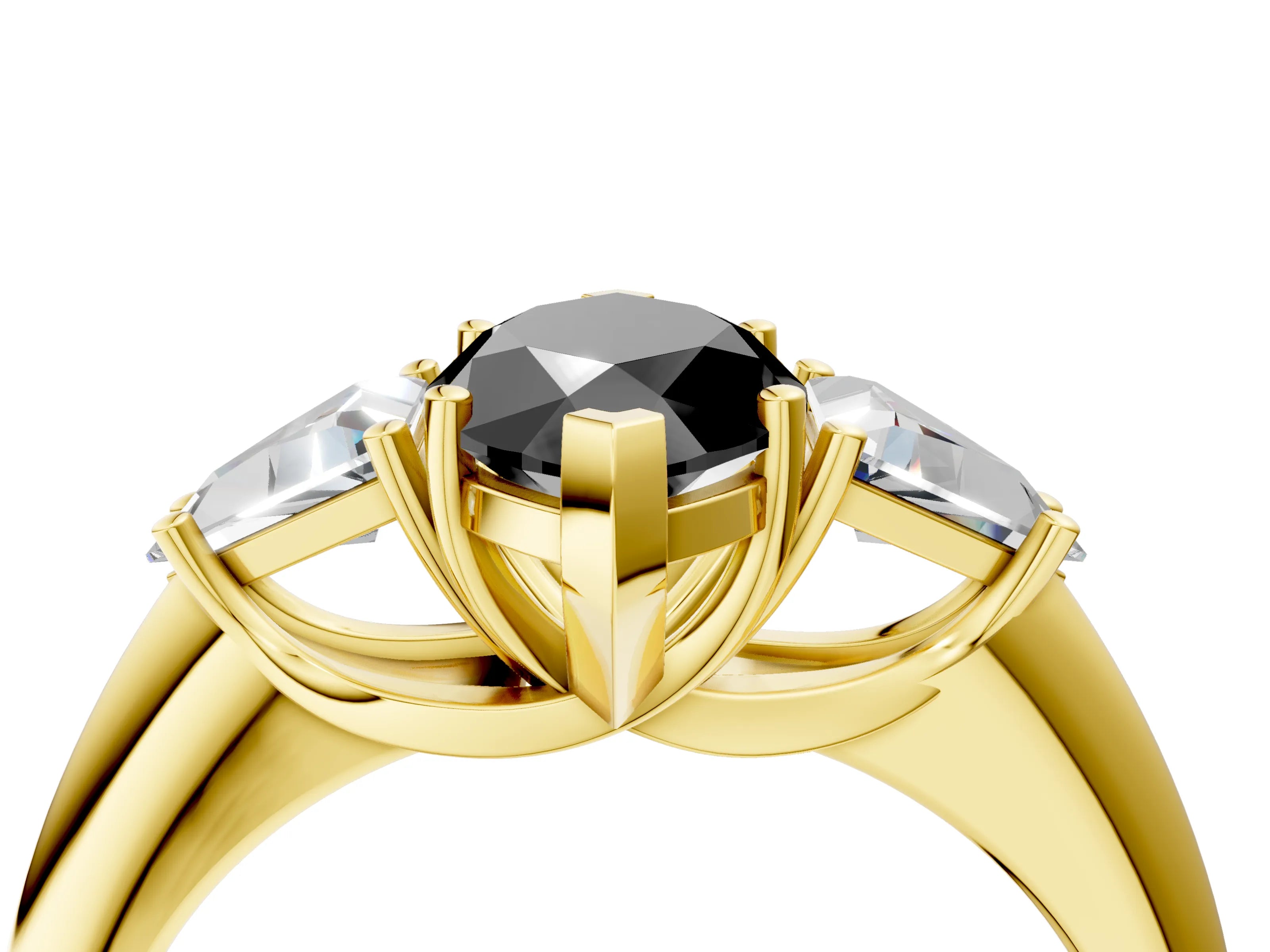 Yellow gold Three-Stone Fancy Black Marquise Cut Cut Diamond Ring with Trillion Side Stones and Four-Prong Setting_7