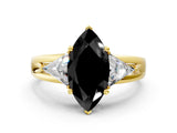 Yellow gold Three-Stone Fancy Black Marquise Cut Cut Diamond Ring with Trillion Side Stones on a Split Shank Band