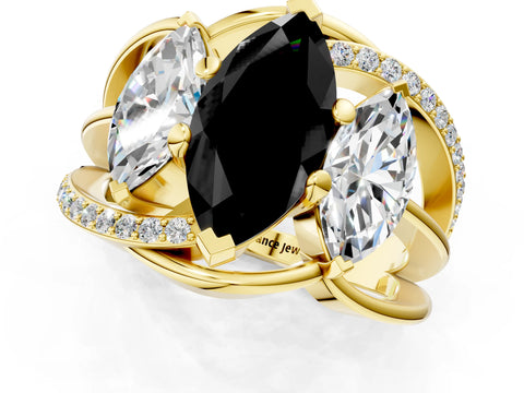 Yellow gold Three-Stone Fancy Black Marquise Cut Cut Diamond Split Shank Prong Set Ring_1