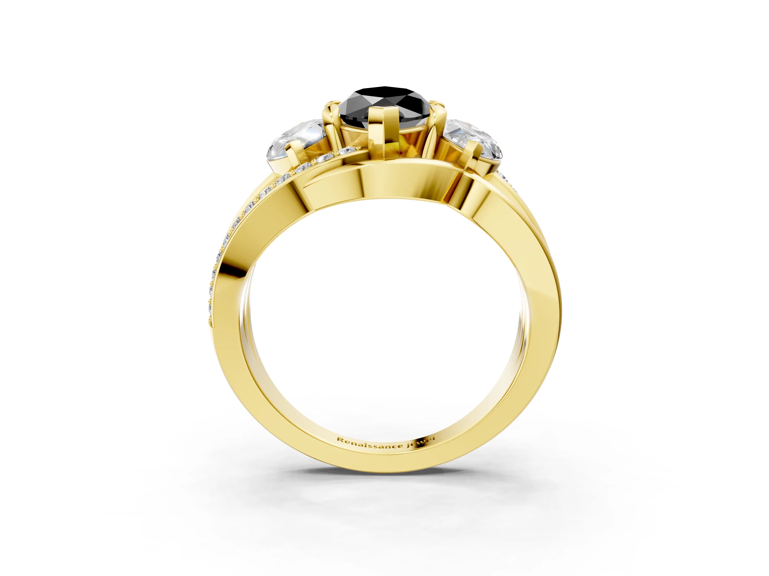 Yellow gold Three-Stone Fancy Black Marquise Cut Cut Diamond Split Shank Prong Set Ring_3