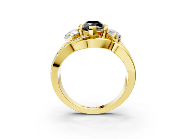 Yellow Gold Marquise Three Stone Split Shank Engagement Ring Setting for Black Center