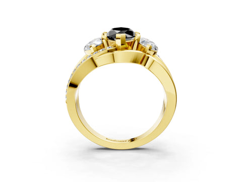 Yellow gold Three-Stone Fancy Black Marquise Cut Cut Diamond Split Shank Prong Set Ring_3