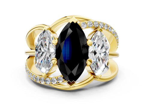 Yellow gold Three-Stone Fancy Black Marquise Cut Cut Diamond Split Shank Prong Set Ring