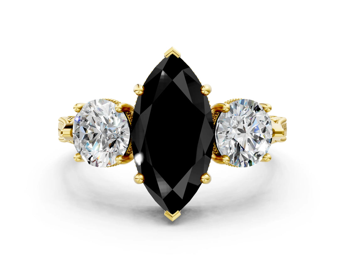 Yellow gold Three-Stone Fancy Black Marquise Cut Cut Milgrain Band Prong Setting Ring