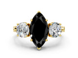 Yellow gold Three-Stone Fancy Black Marquise Cut Cut Milgrain Band Prong Setting Ring