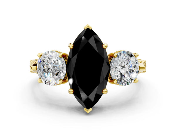 Yellow Gold Marquise Vintage Three Stone Engagement Ring Setting for Black Center