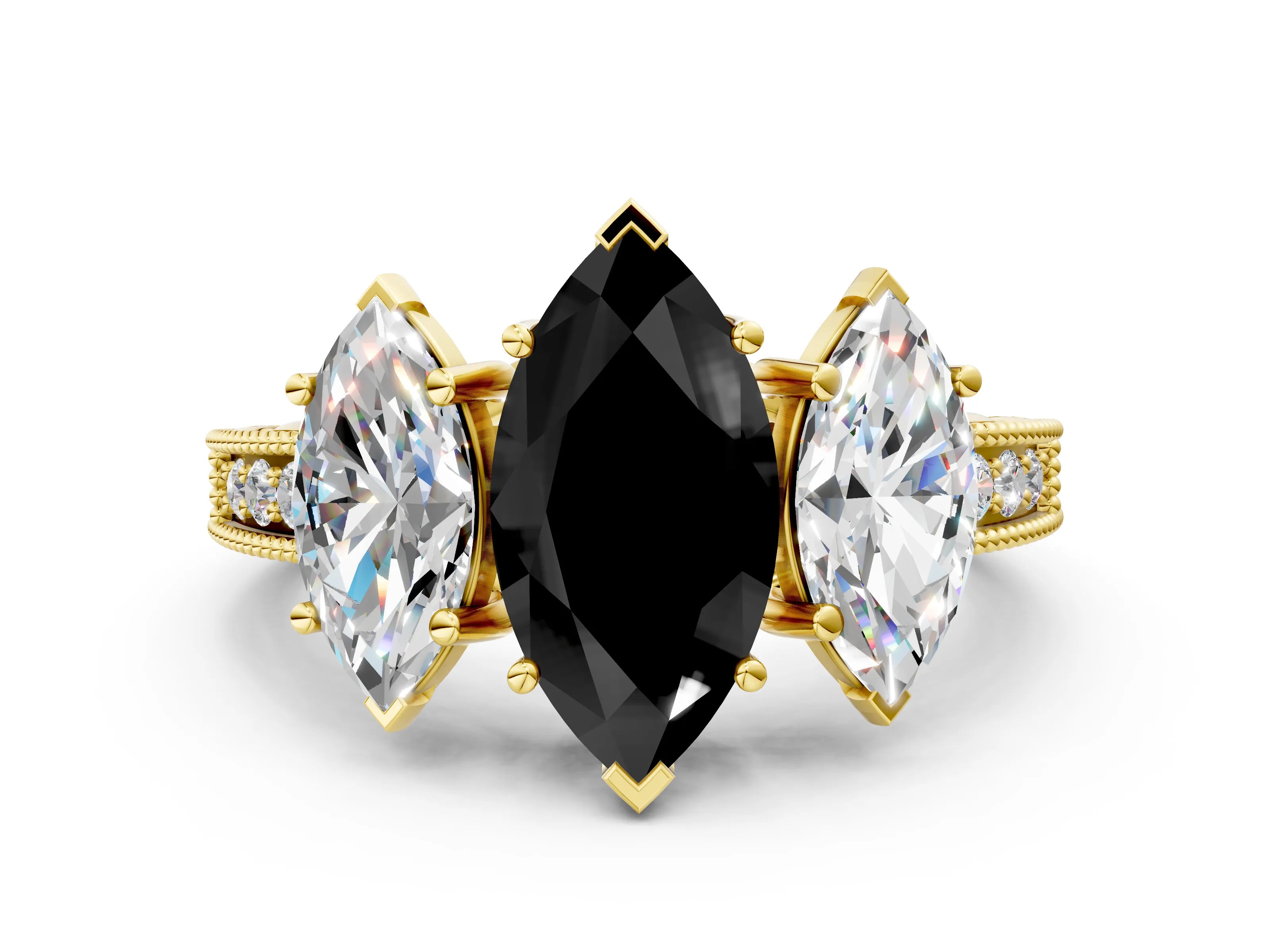 Yellow gold Three-Stone Fancy Black Marquise Cut Cut Milgrain Pavé Engagement Ring