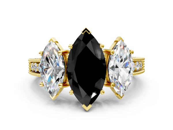 Yellow Gold Marquise Engraved Three Stone Engagement Ring Setting for Black Center