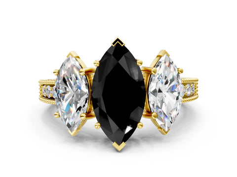 Yellow gold Three-Stone Fancy Black Marquise Cut Cut Milgrain Pavé Engagement Ring_12