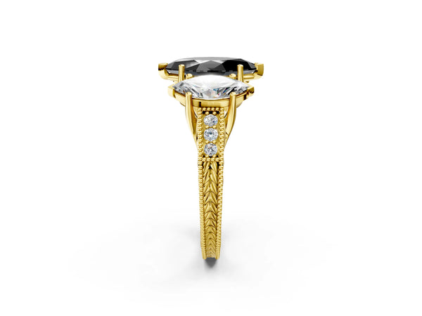 Yellow Gold Marquise Engraved Three Stone Engagement Ring Setting for Black Center