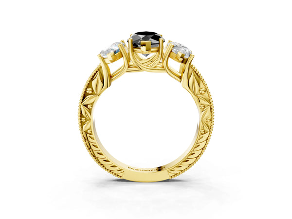 Yellow Gold Marquise Engraved Three Stone Engagement Ring Setting for Black Center