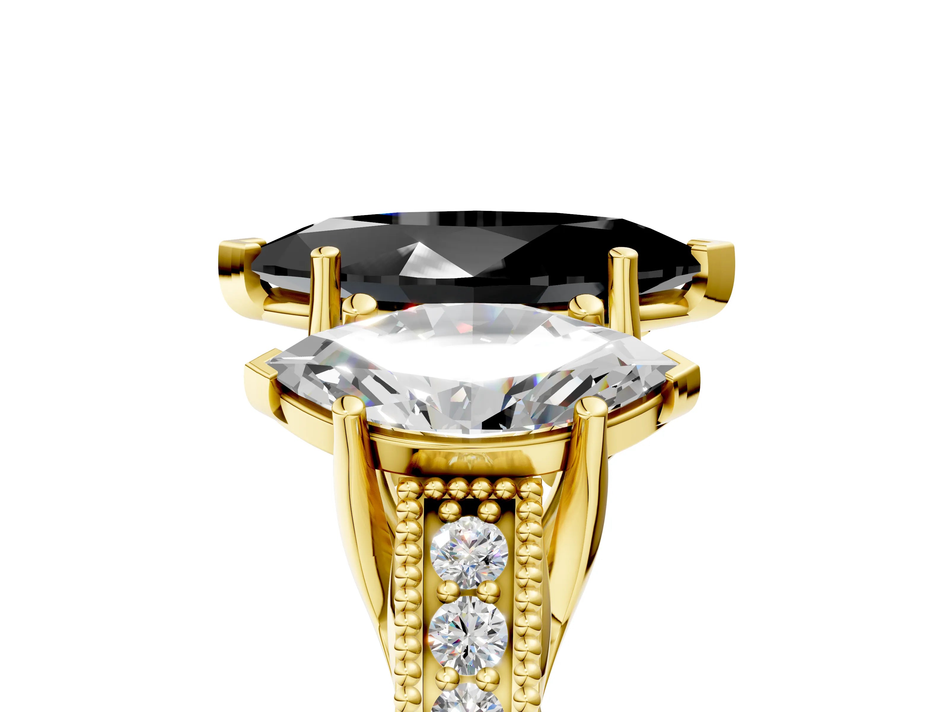 Yellow gold Three-Stone Fancy Black Marquise Cut Cut Milgrain Pavé Engagement Ring_17