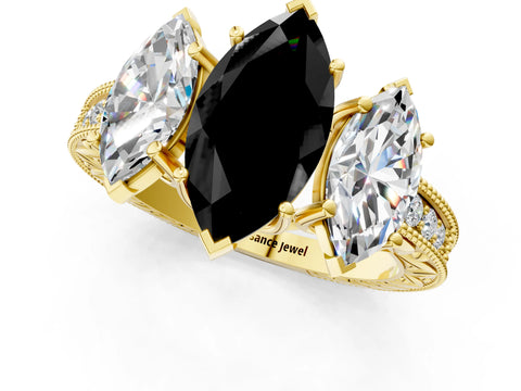 Yellow gold Three-Stone Fancy Black Marquise Cut Cut Milgrain Pavé Engagement Ring_1