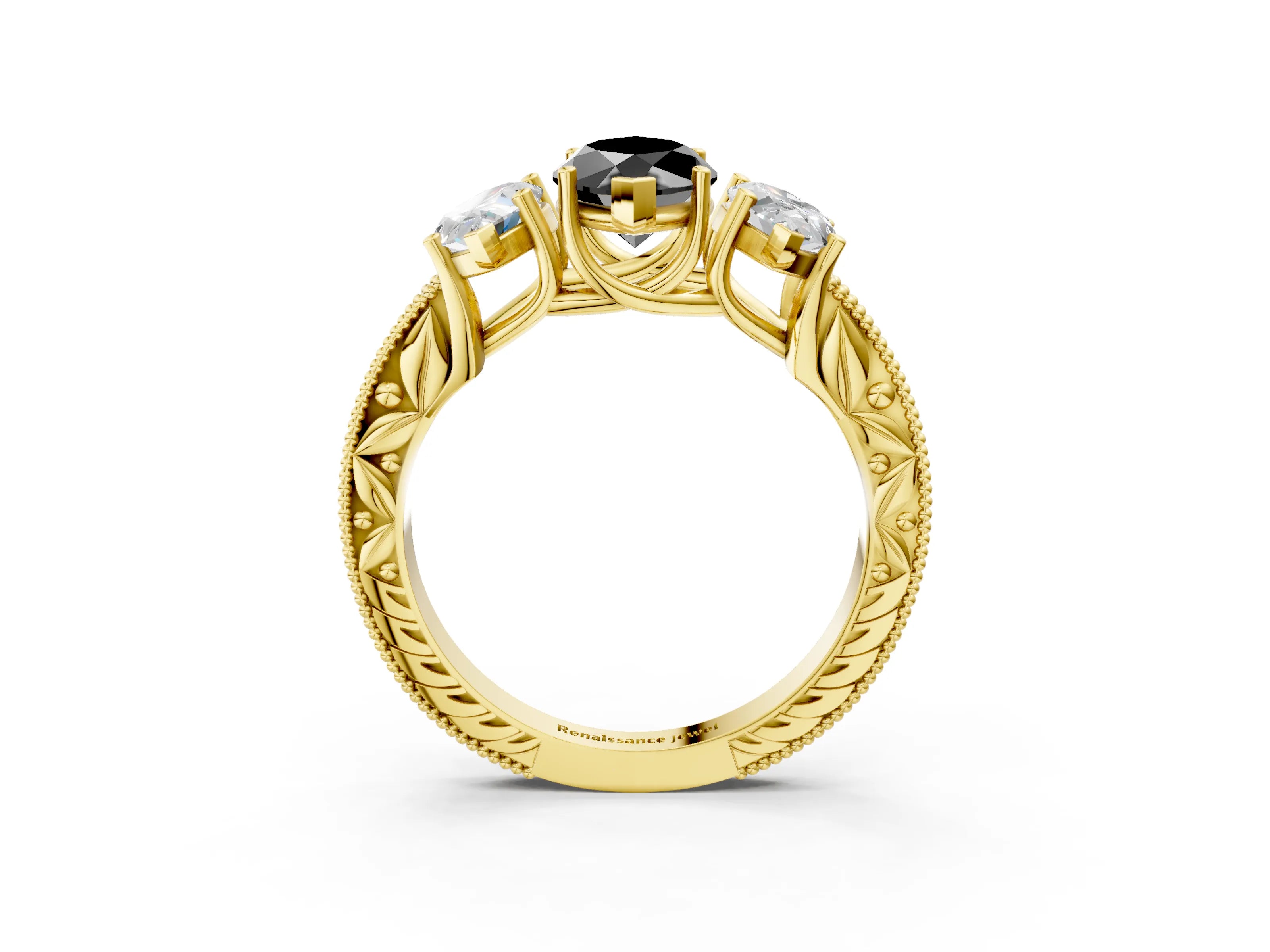 Yellow gold Three-Stone Fancy Black Marquise Cut Cut Milgrain Pavé Engagement Ring_3