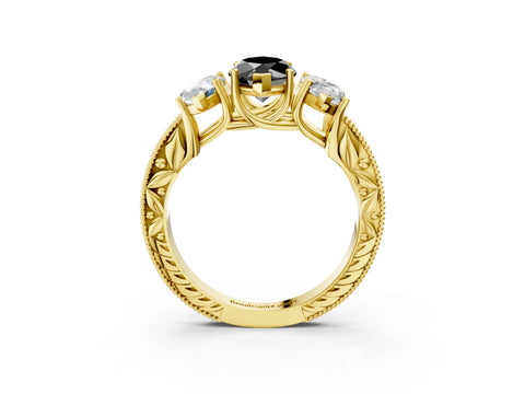 Yellow gold Three-Stone Fancy Black Marquise Cut Cut Milgrain Pavé Engagement Ring_3