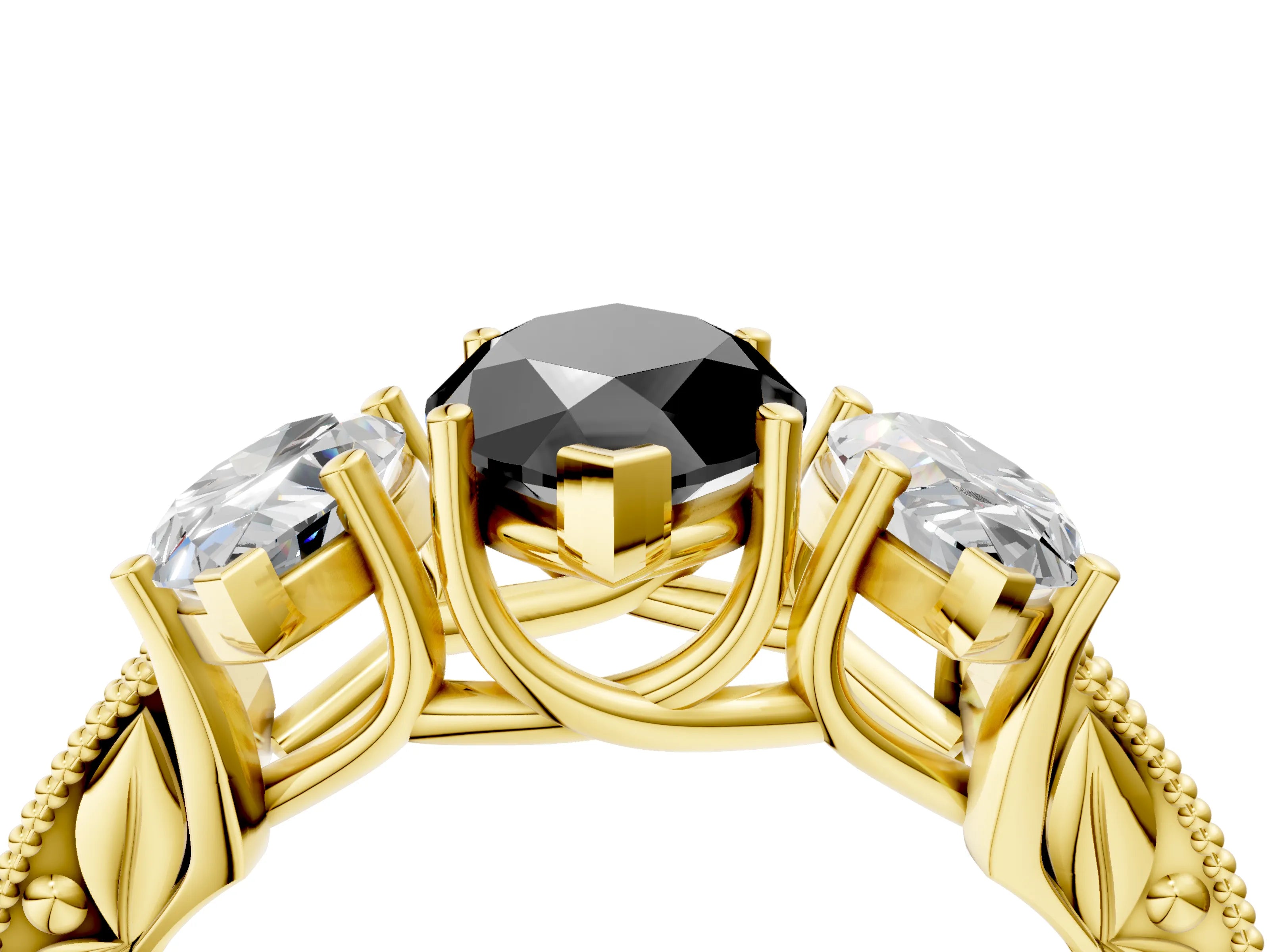 Yellow gold Three-Stone Fancy Black Marquise Cut Cut Milgrain Pavé Engagement Ring_4