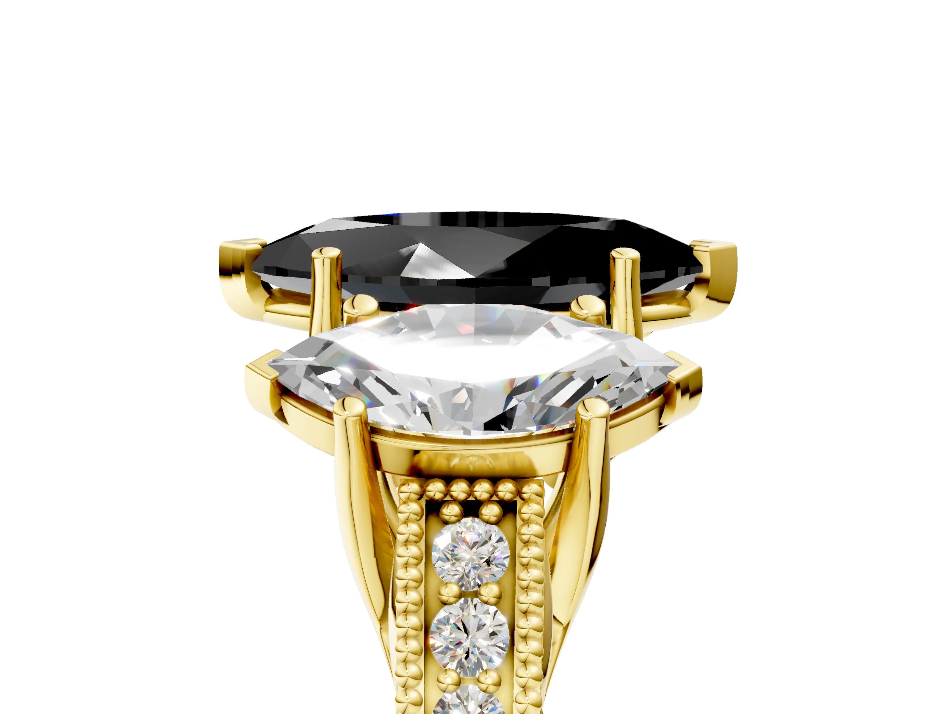 Yellow gold Three-Stone Fancy Black Marquise Cut Cut Milgrain Pavé Engagement Ring_5