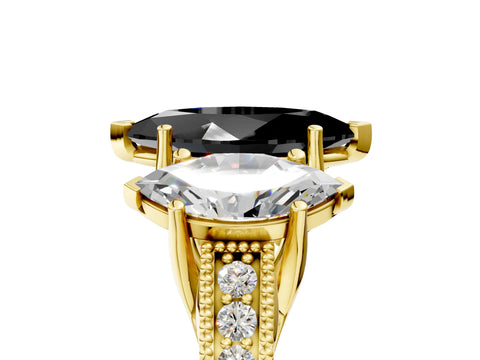 Yellow gold Three-Stone Fancy Black Marquise Cut Cut Milgrain Pavé Engagement Ring_5
