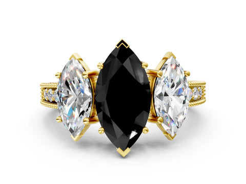 Yellow gold Three-Stone Fancy Black Marquise Cut Cut Milgrain Pavé Engagement Ring
