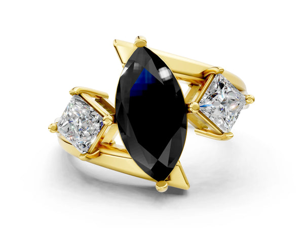 Yellow gold Three-Stone Fancy Black Marquise Cut Cut Tension Band Ring with Four-Prong Setting