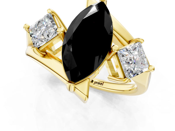 Yellow gold Three-Stone Fancy Black Marquise Cut Cut Tension Band Ring with Four-Prong Setting