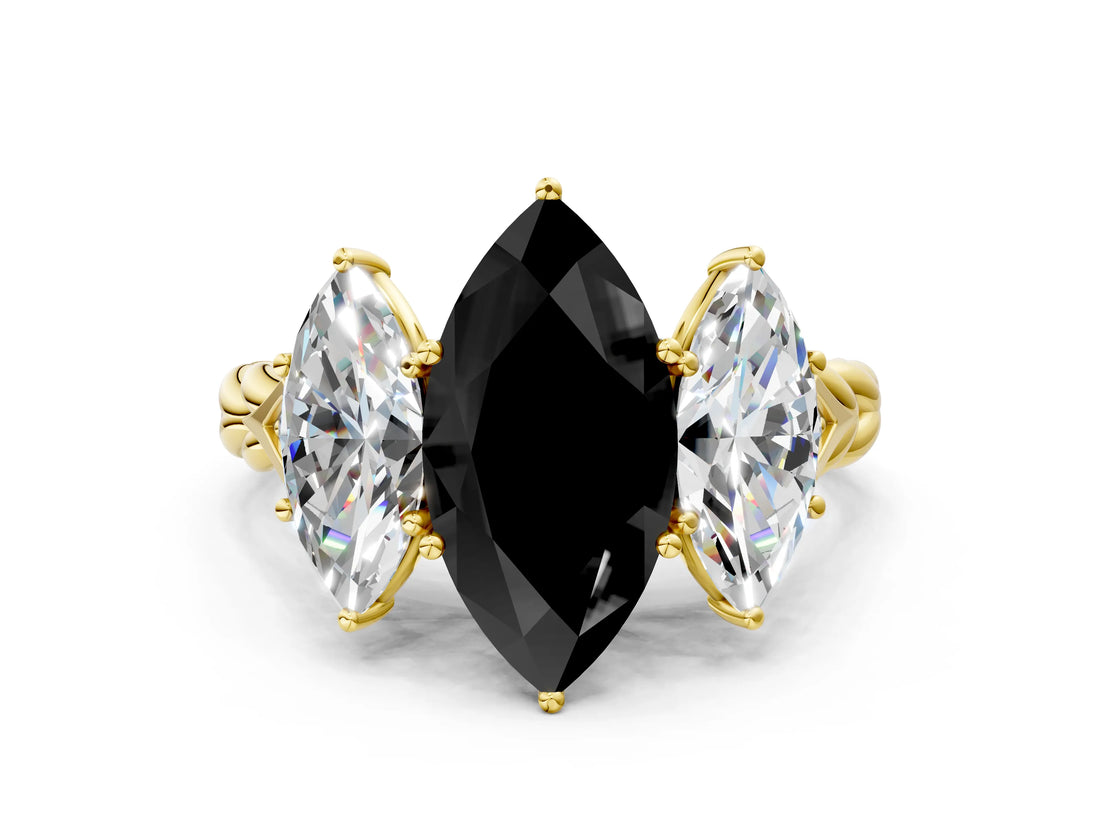 Yellow gold Three-Stone Fancy Black Marquise Cut Diamond Braided Band Ring with Four-Prong Setting_12