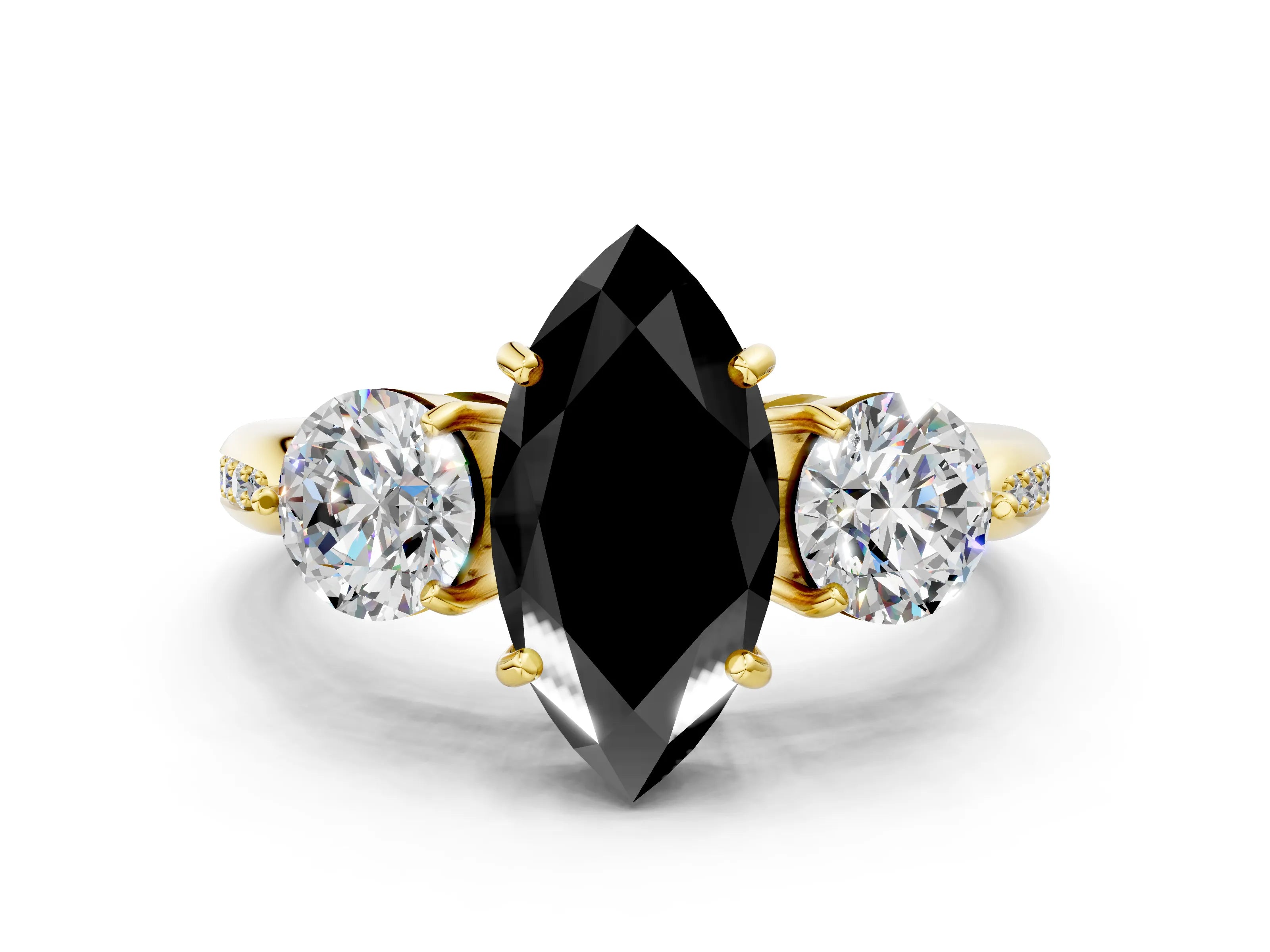 Yellow gold Three-Stone Fancy Black Marquise Cut Diamond Channel Set Engagement Ring with Prong Setting