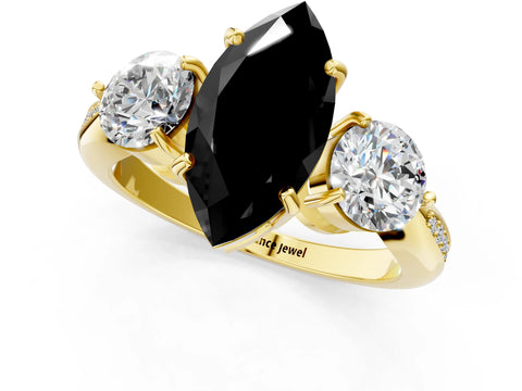 Yellow gold Three-Stone Fancy Black Marquise Cut Diamond Channel Set Engagement Ring with Prong Setting_1