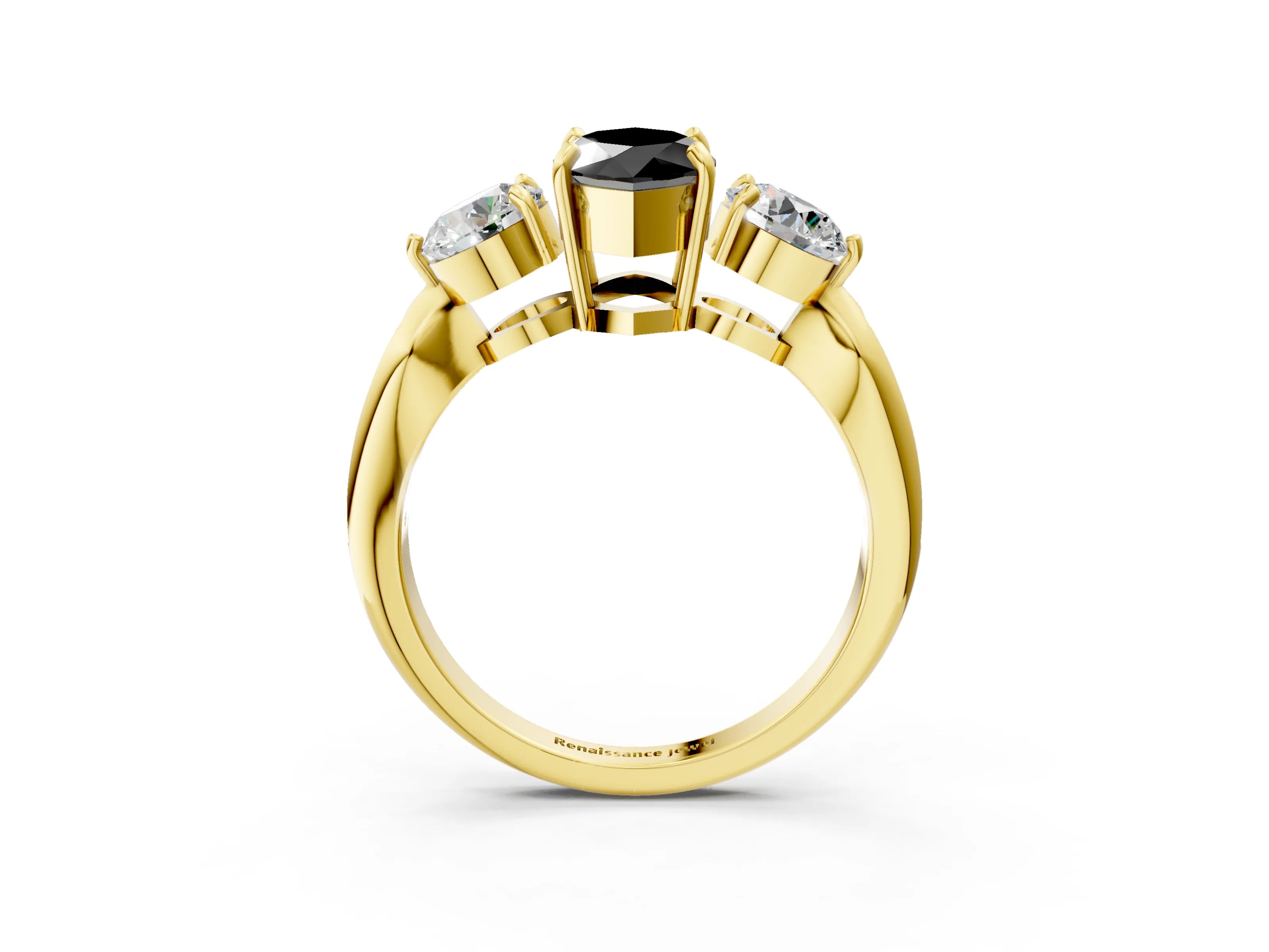 Yellow gold Three-Stone Fancy Black Marquise Cut Diamond Channel Set Engagement Ring with Prong Setting_3