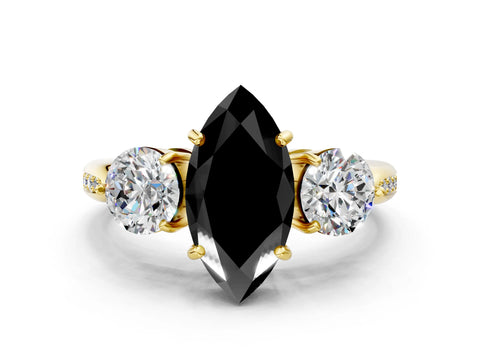 Yellow gold Three-Stone Fancy Black Marquise Cut Diamond Channel Set Engagement Ring with Prong Setting
