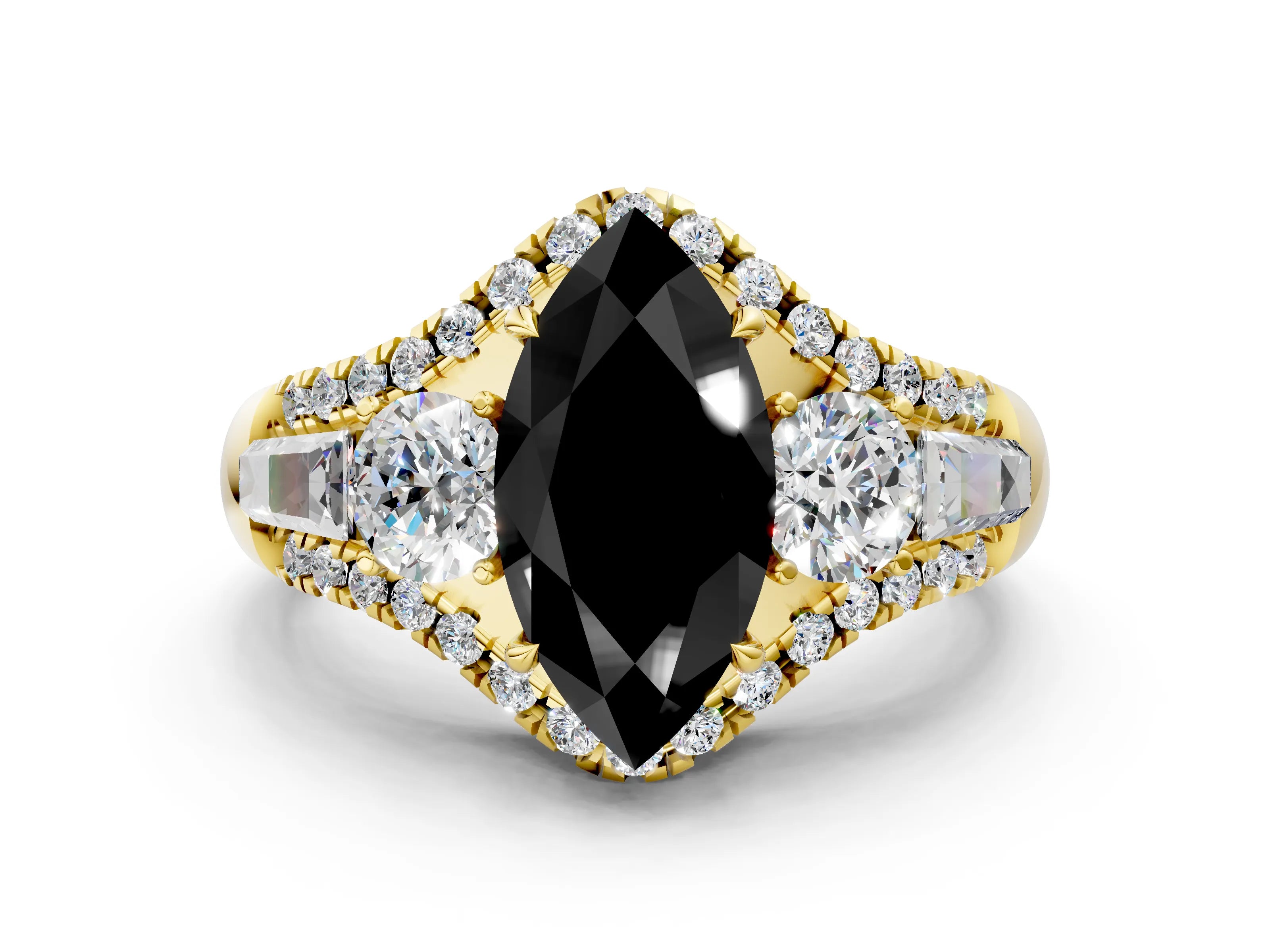 Yellow gold Three-Stone Fancy Black Marquise Cut Diamond Engagement Ring with Pave Band and Prong Setting