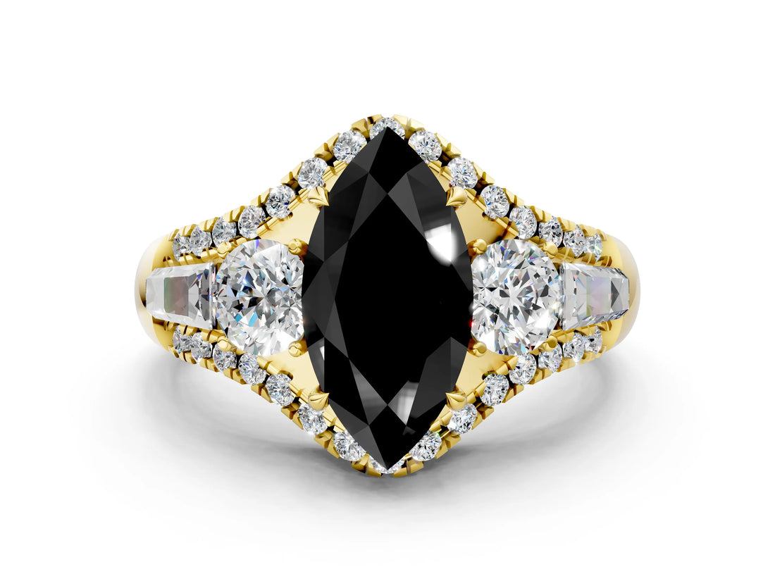 Yellow gold Three-Stone Fancy Black Marquise Cut Diamond Engagement Ring with Pave Band and Prong Setting
