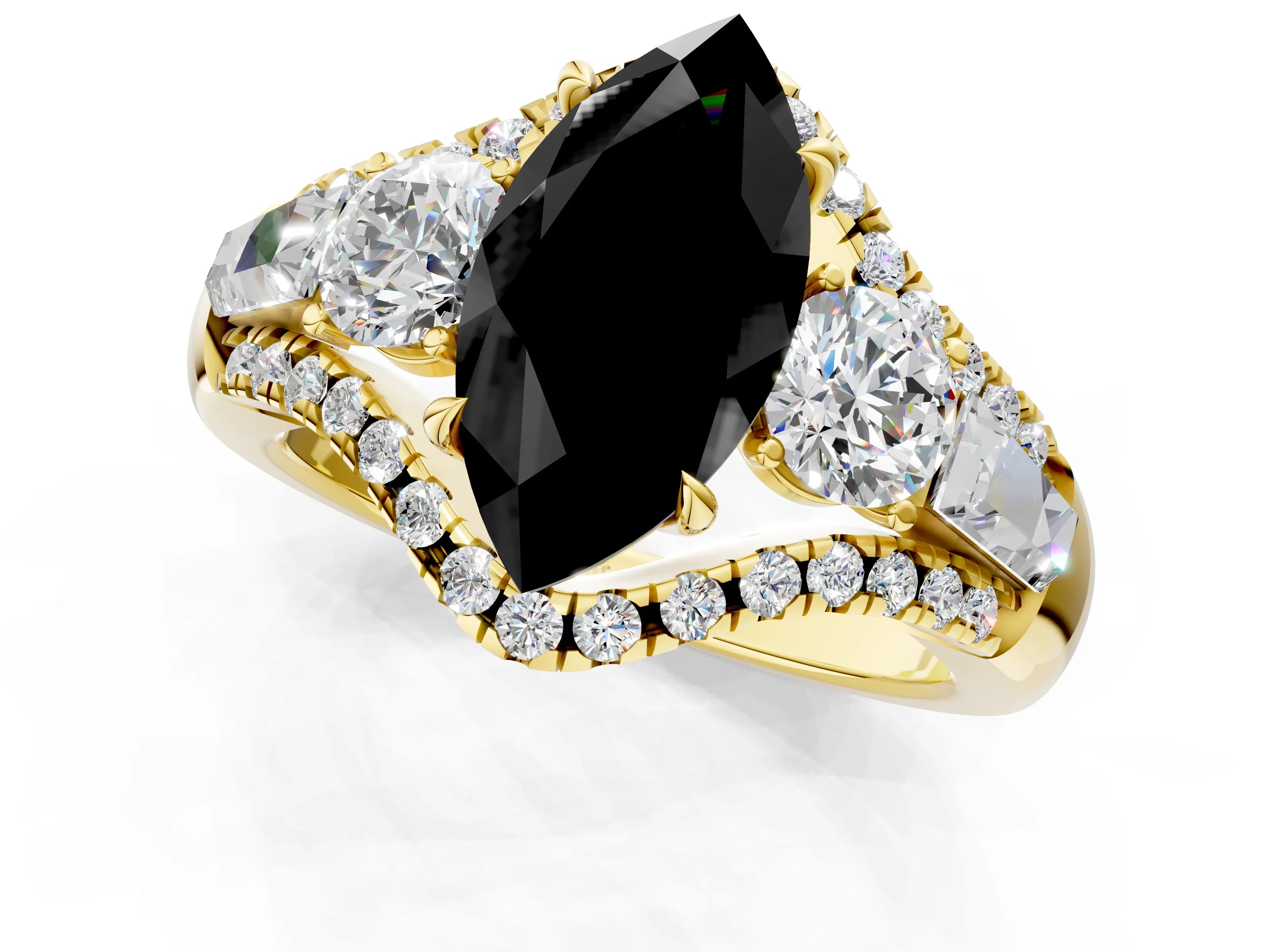 Yellow gold Three-Stone Fancy Black Marquise Cut Diamond Engagement Ring with Pave Band and Prong Setting_1