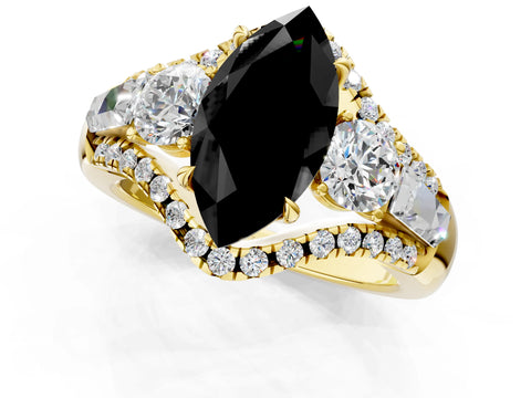 Yellow gold Three-Stone Fancy Black Marquise Cut Diamond Engagement Ring with Pave Band and Prong Setting_1