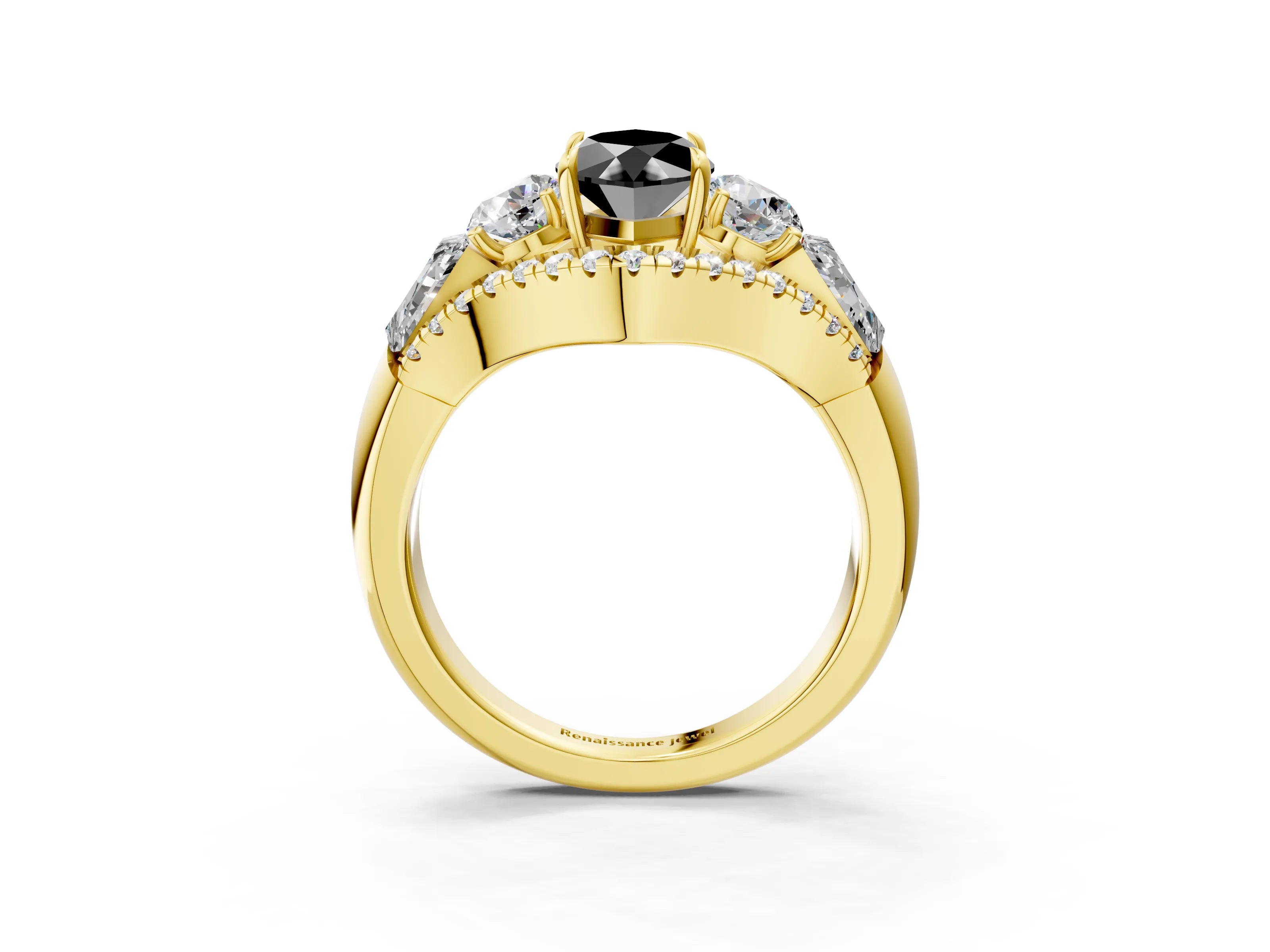 Yellow gold Three-Stone Fancy Black Marquise Cut Diamond Engagement Ring with Pave Band and Prong Setting_3