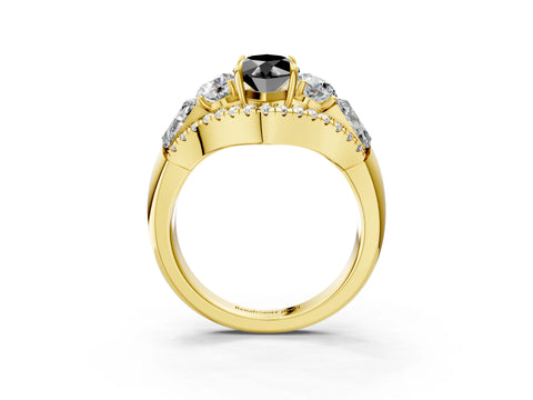 Yellow gold Three-Stone Fancy Black Marquise Cut Diamond Engagement Ring with Pave Band and Prong Setting_3