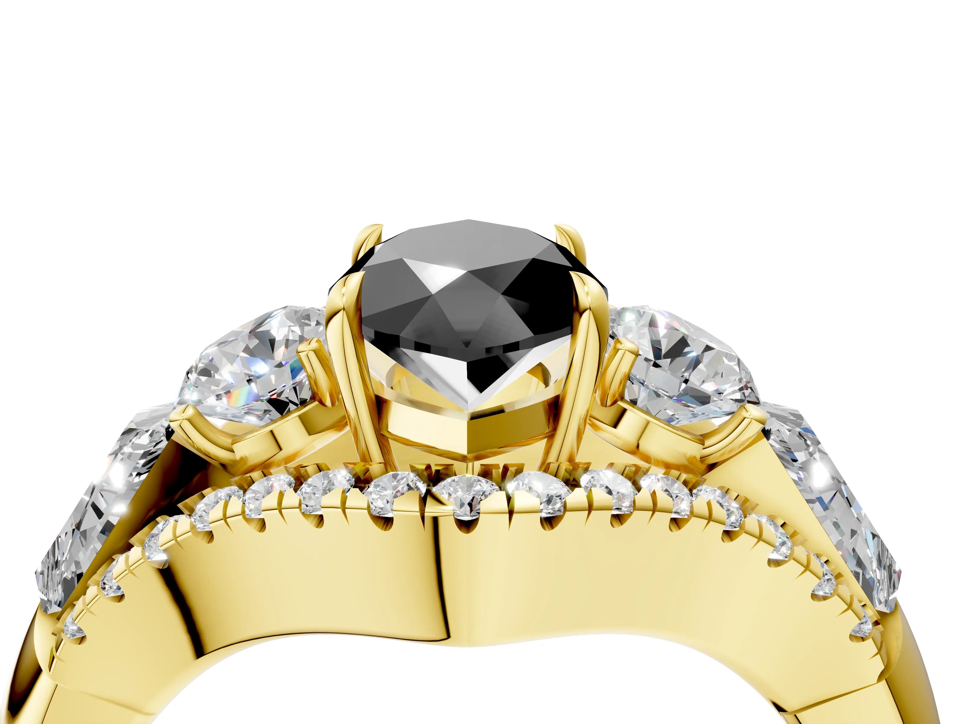 Yellow gold Three-Stone Fancy Black Marquise Cut Diamond Engagement Ring with Pave Band and Prong Setting_4