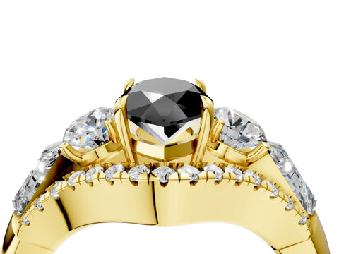 Yellow gold Three-Stone Fancy Black Marquise Cut Diamond Engagement Ring with Pave Band and Prong Setting_4