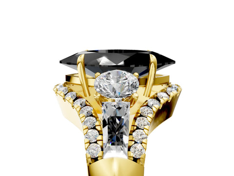 Yellow gold Three-Stone Fancy Black Marquise Cut Diamond Engagement Ring with Pave Band and Prong Setting_5