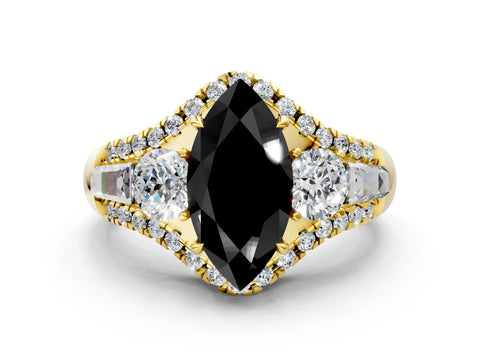 Yellow gold Three-Stone Fancy Black Marquise Cut Diamond Engagement Ring with Pave Band and Prong Setting