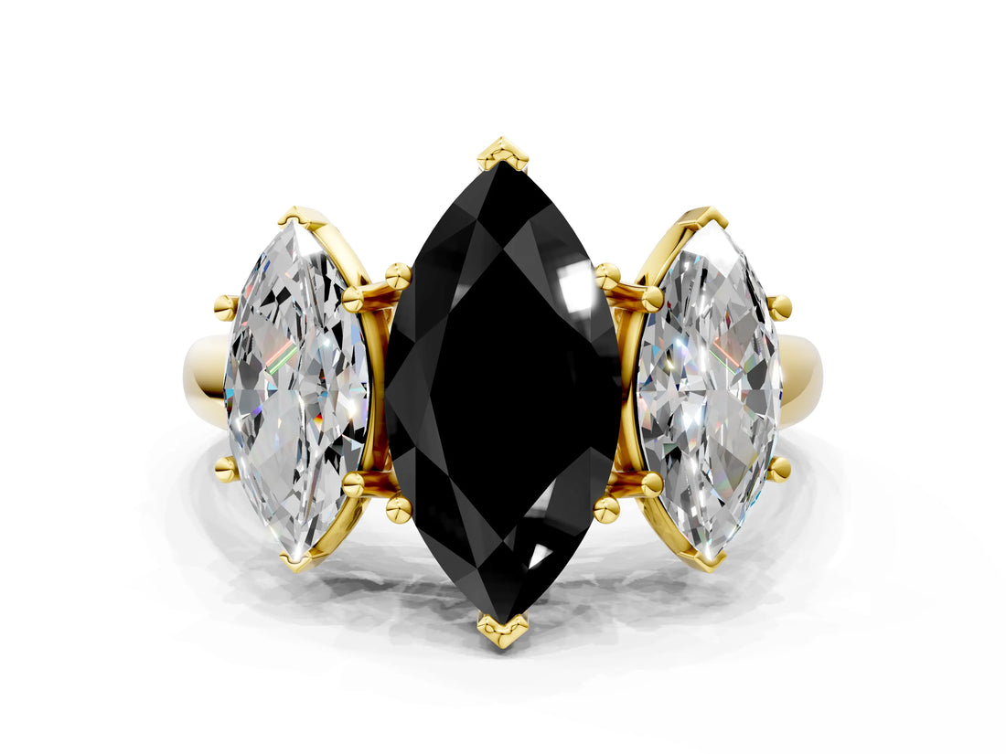 Yellow gold Three-Stone Fancy Black Marquise Cut Diamond Engagement Ring with Prong Setting_3