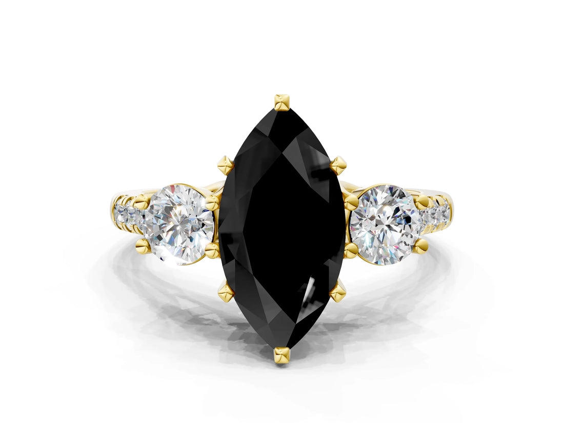 Yellow gold Three-Stone Fancy Black Marquise Cut Diamond Pavé Band with Four-Prong Setting