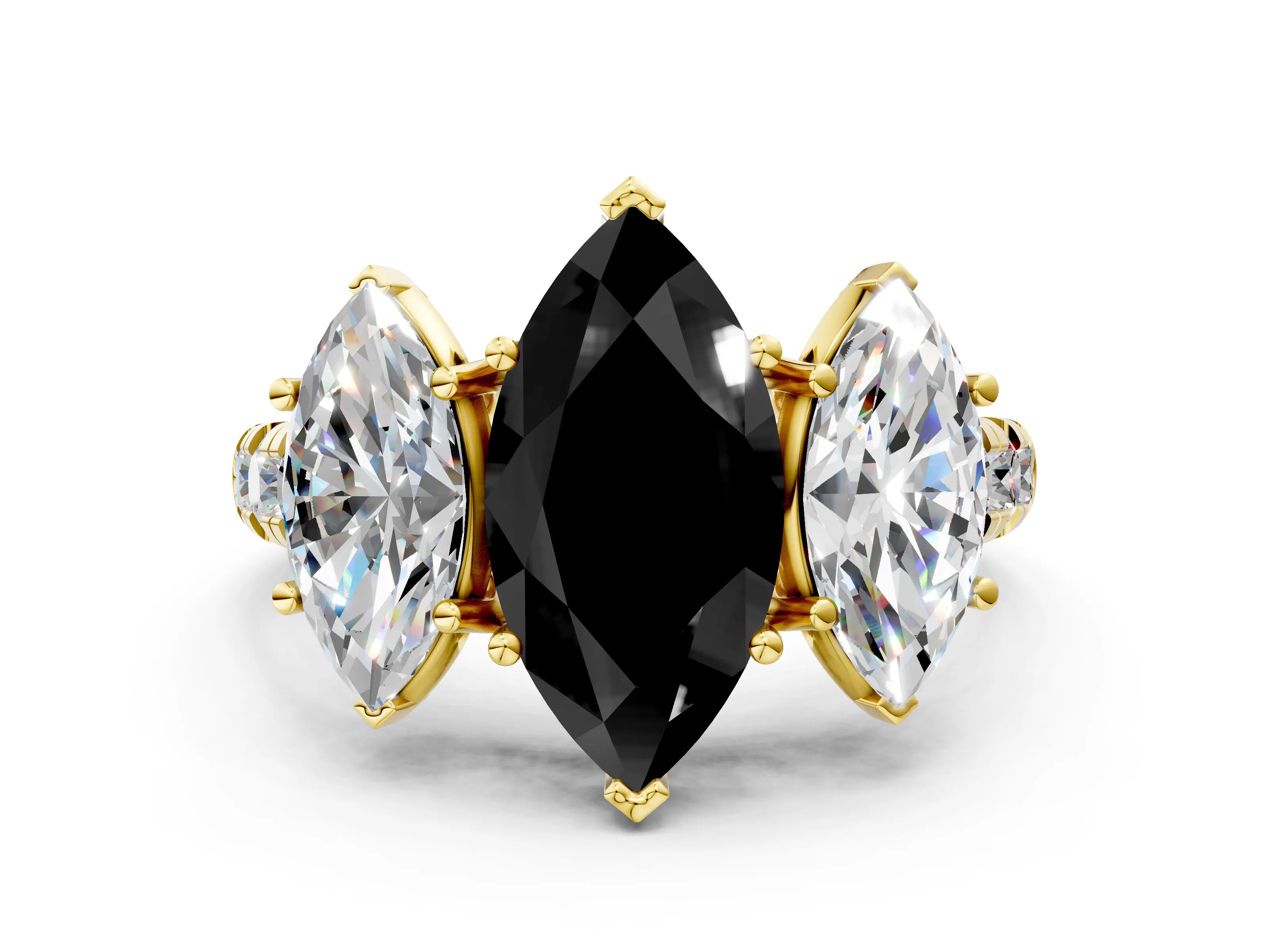 Yellow gold Three-Stone Fancy Black Marquise Cut Diamond Pavé Band with Prong Setting