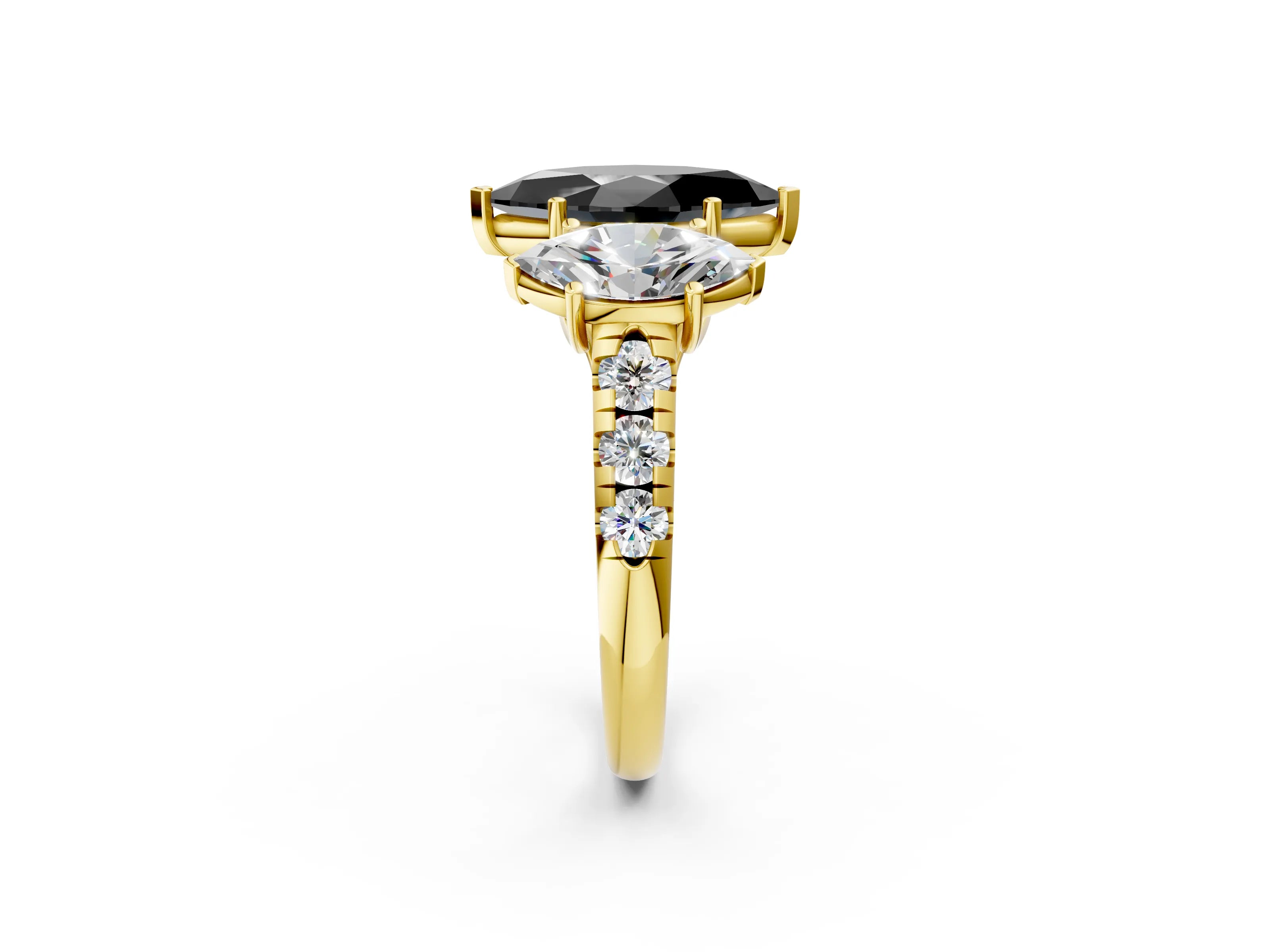 Yellow gold Three-Stone Fancy Black Marquise Cut Diamond Pavé Band with Prong Setting_2