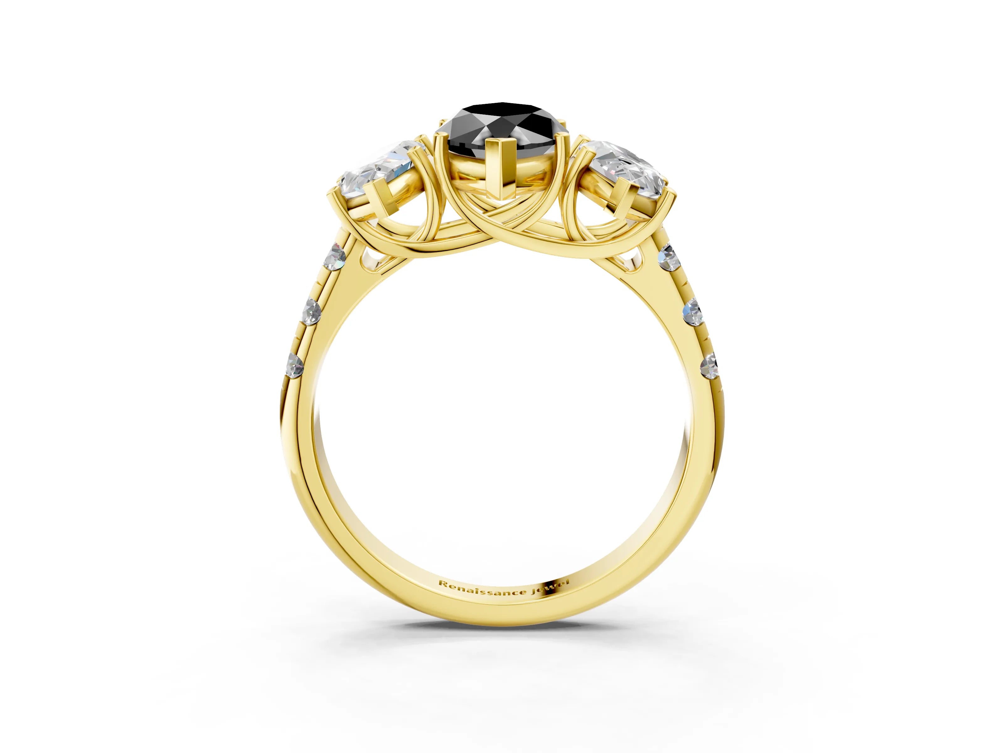 Yellow gold Three-Stone Fancy Black Marquise Cut Diamond Pavé Band with Prong Setting_3