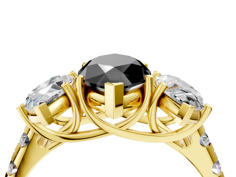 Yellow gold Three-Stone Fancy Black Marquise Cut Diamond Pavé Band with Prong Setting_4