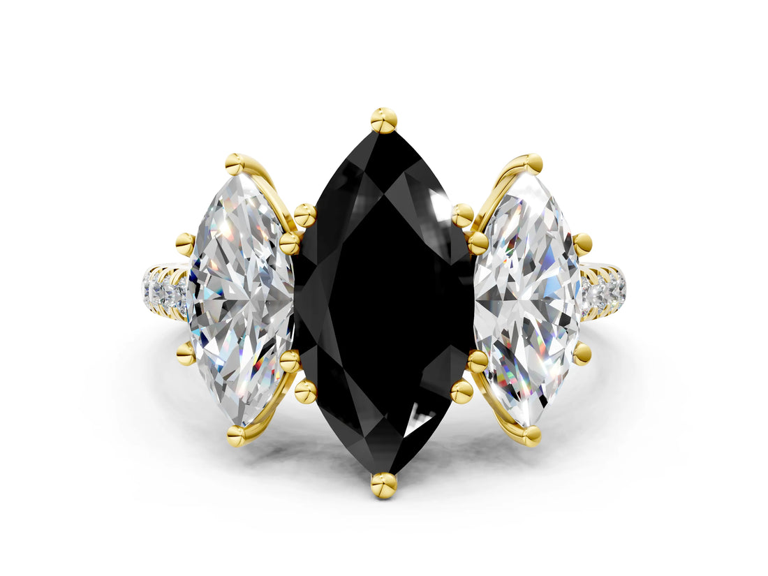 Yellow gold Three-Stone Fancy Black Marquise Cut Diamond Ring with Pavé Band and Prong Setting_24