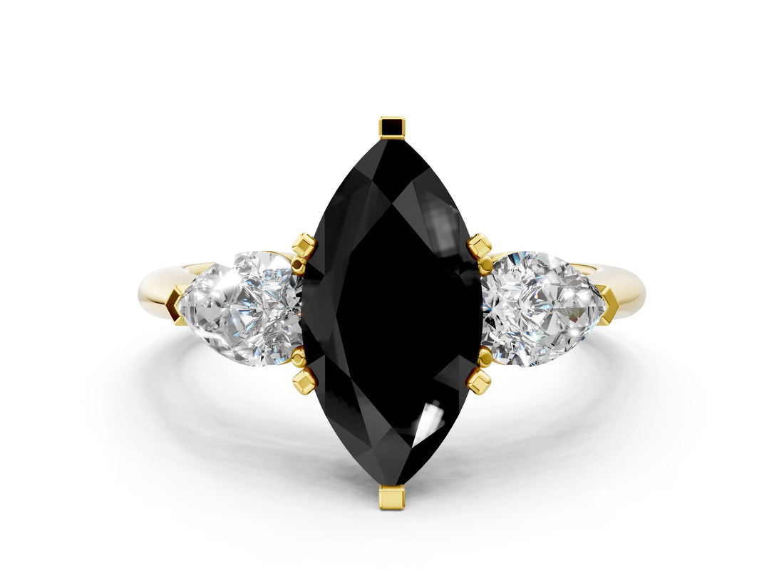 Yellow gold Three-Stone Fancy Black Marquise Cut Diamond Ring with Pear Side Stones and Four-Prong Setting